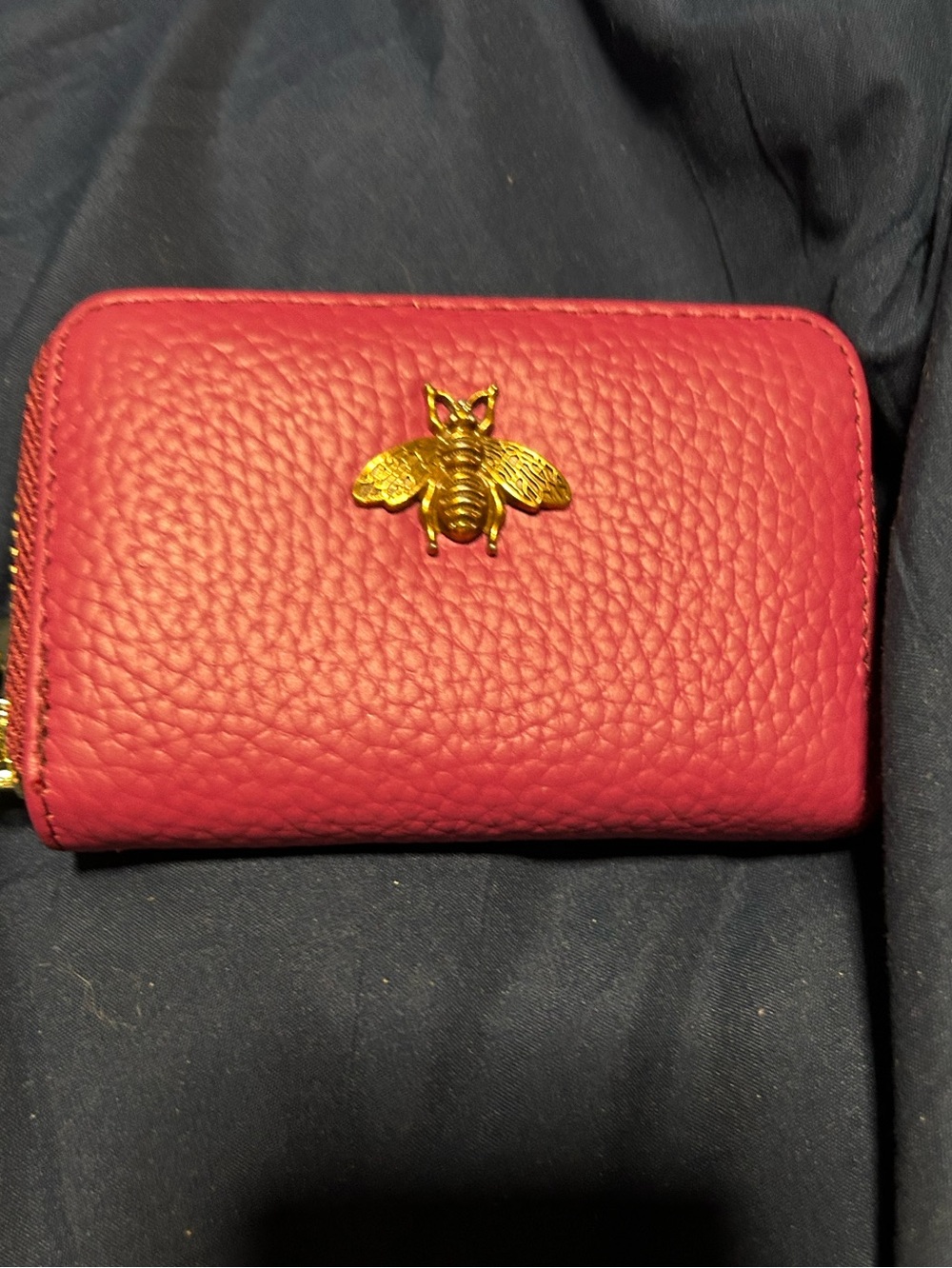 Pebbled Red Zip Wallet with Gold Bee Accent